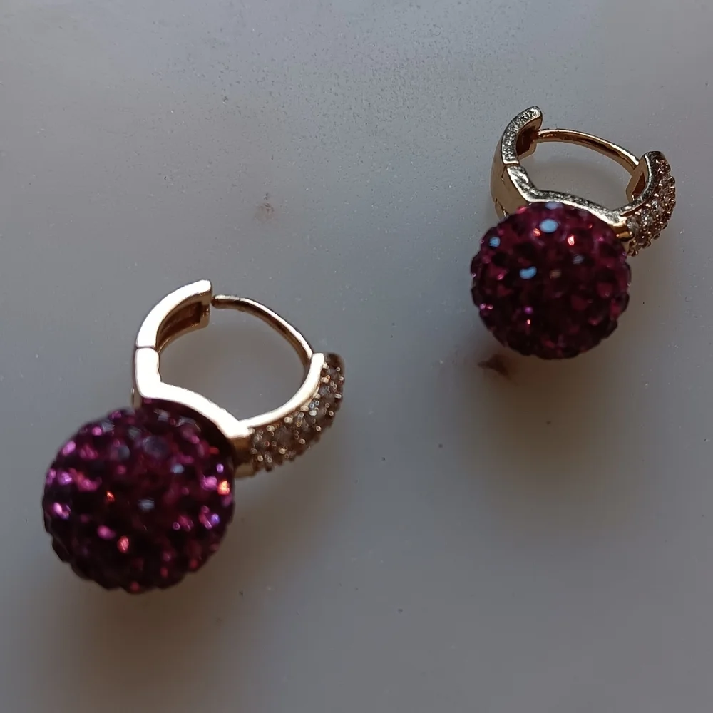Gold plated pink crystal hoop earrings diamonds simulated